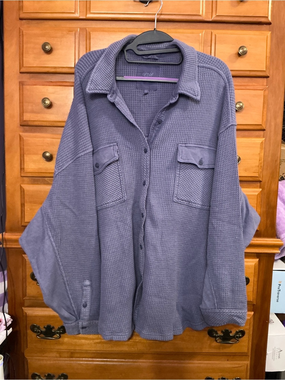 Aerie Slate Blue Button Up Waffle Knit Shirt Jacket Size XXL Excellent Condition